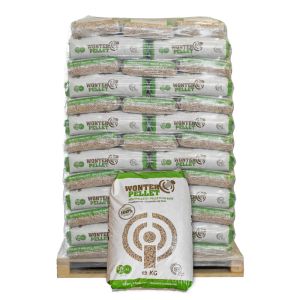 Pallet Wonderspan houtpellets 65 zakken x 15kg (975kg) Vooraanzicht