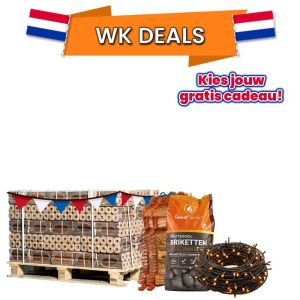 Halve pallet houtbriketten naar keuze + 2 zakken aanmaakhout, houtskoolbriketten of oranje feestverlichting