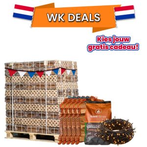 Hele pallet houtbriketten naar keuze + 5 zakken aanmaakhout of oranje feestverlichting