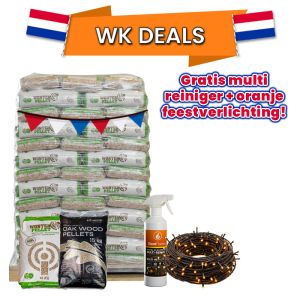 Hele pallet houtpellets naar keuze + multi-reiniger en oranje feestverlichting