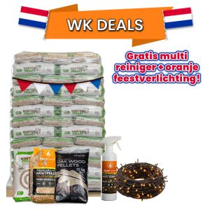 Hele pallet houtpellets naar keuze + multi-reiniger en oranje feestverlichting