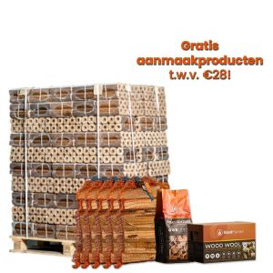 Hele pallet houtbriketten naar keuze + gratis aanmaakproducten t.w.v. €28                            
