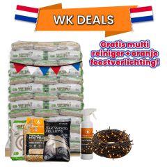 Hele pallet houtpellets naar keuze + multi-reiniger en oranje feestverlichting