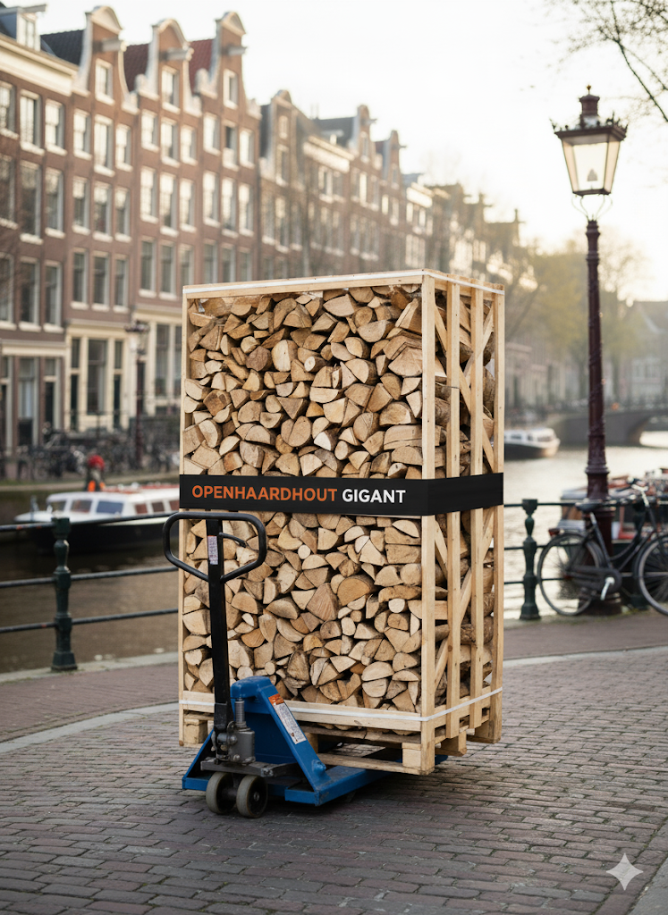 Openhaardhout Gigant pallet op palletwagen langs gracht in Amsterdam. Openhaardhout Gigant pallet op palletwagen langs gracht in Amsterdam.