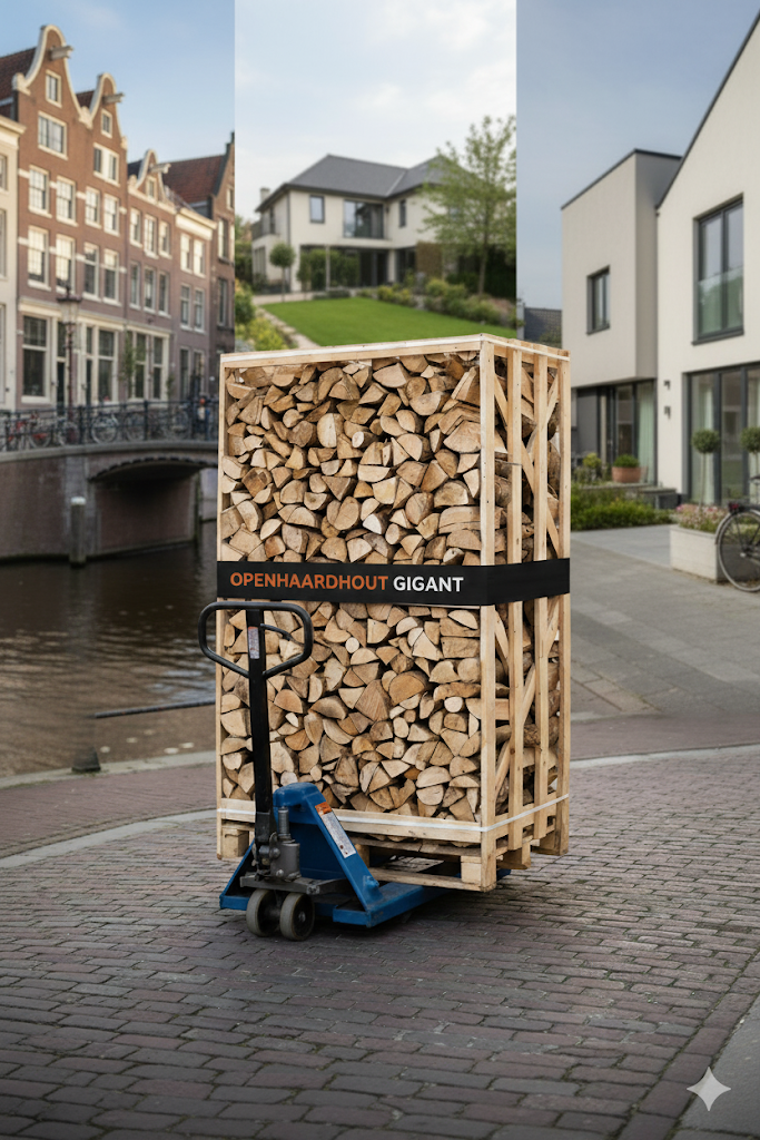 Een pallet met ovengedroogd haardhout van Openhaardhout Gigant op een palletwagen, geplaatst tegen een collage-achtergrond die diverse bezorglocaties in Leeuwarden toont: grachtenpanden in de binnenstad, een ruim huis in Aldlân en een nieuwbouwhuis in Tec