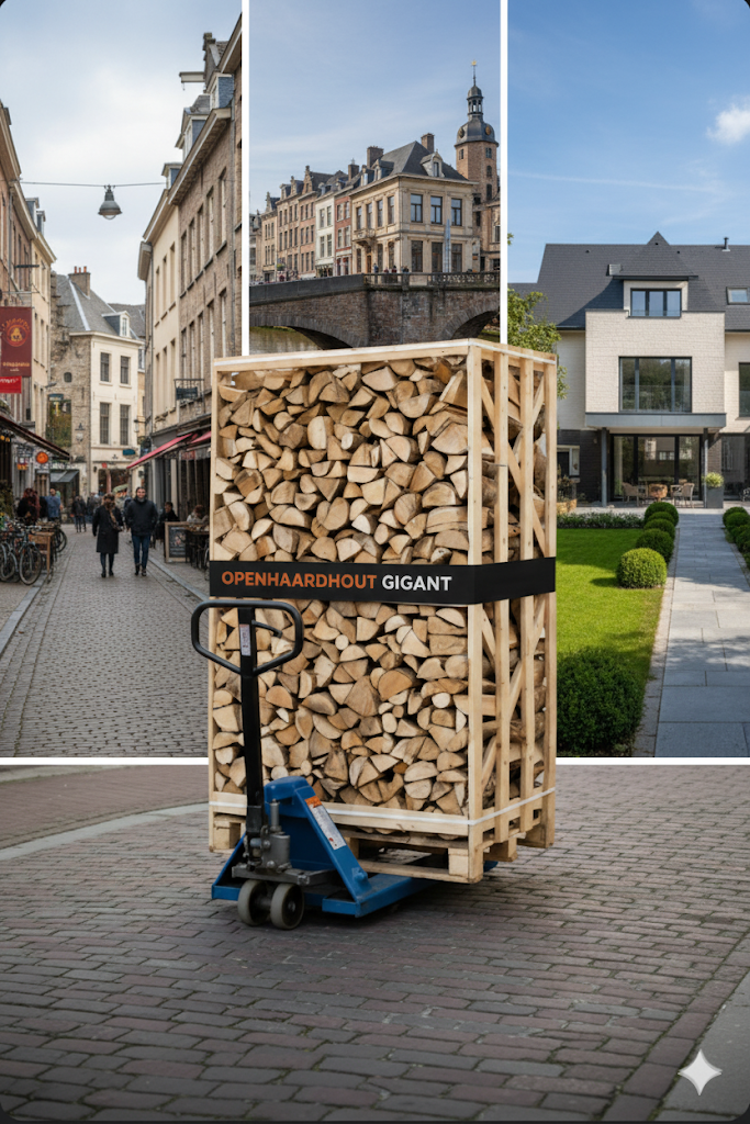 Pallet ovengedroogd haardhout van Openhaardhout Gigant met pompwagen, geleverd in Maastricht met sfeerbeelden van de stad en woonwijken. Pallet ovengedroogd haardhout van Openhaardhout Gigant met pompwagen, geleverd in Maastricht met sfeerbeelden van de stad en woonwijken.