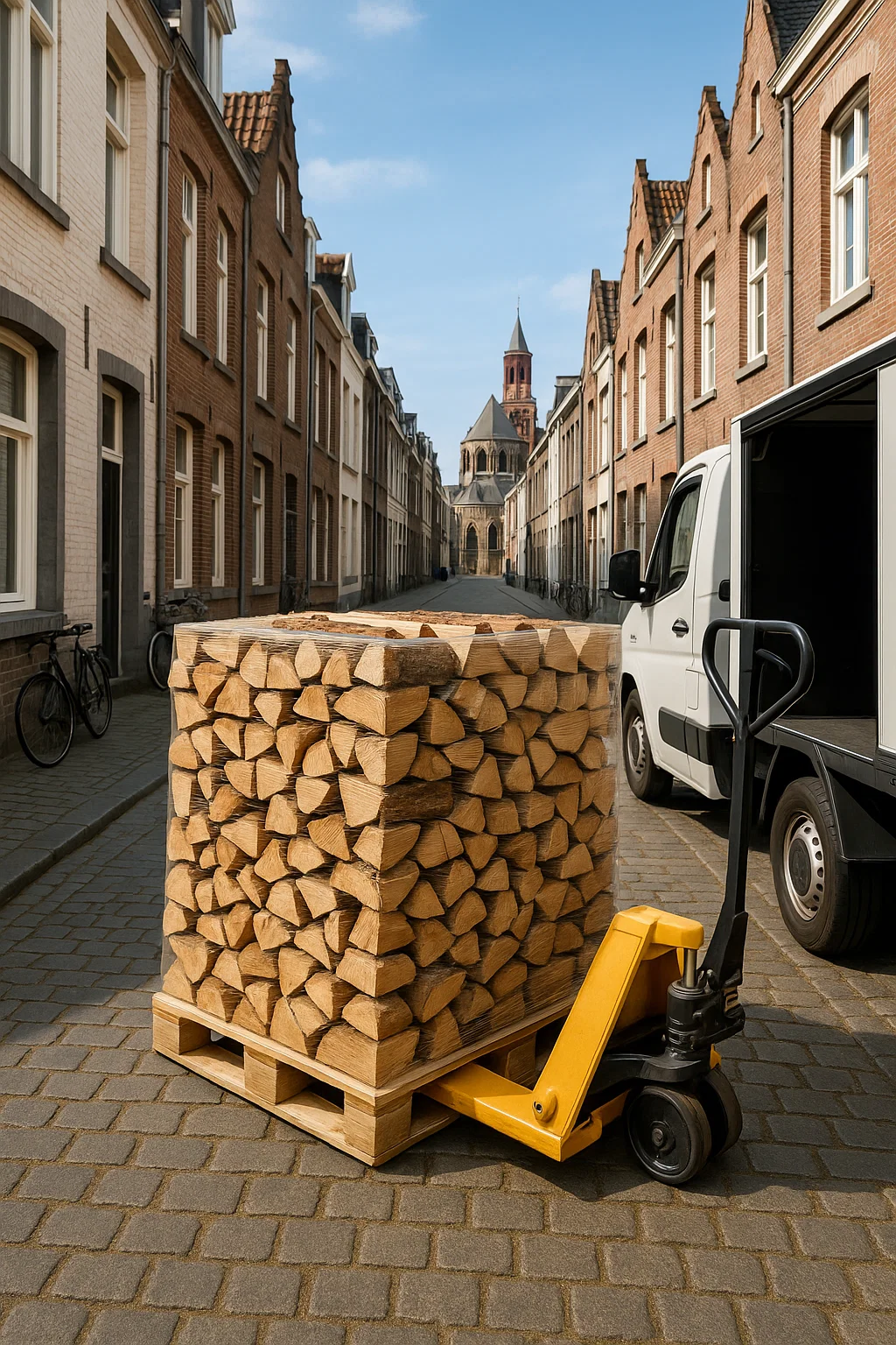Pallet ovengedroogd haardhout geleverd met pompwagen in een smalle straat in Maastricht, met kerktoren op de achtergrond.