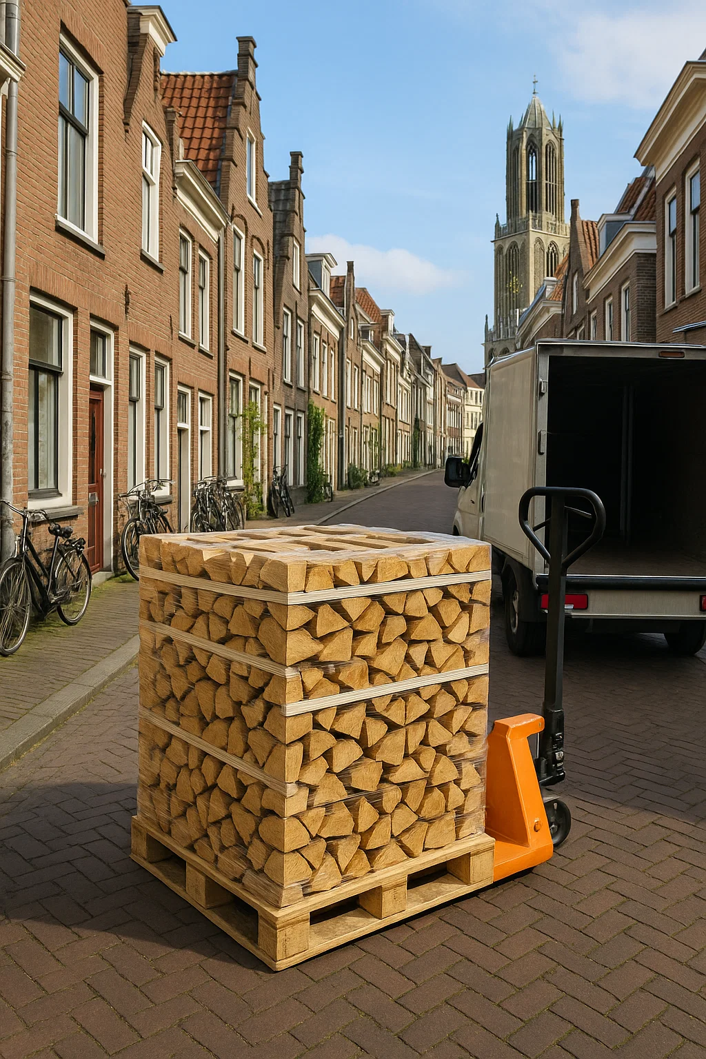 Pallet ovengedroogd haardhout geleverd met pompwagen in een straat in Utrecht, met de Domtoren op de achtergrond. Pallet ovengedroogd haardhout geleverd met pompwagen in een straat in Utrecht, met de Domtoren op de achtergrond.