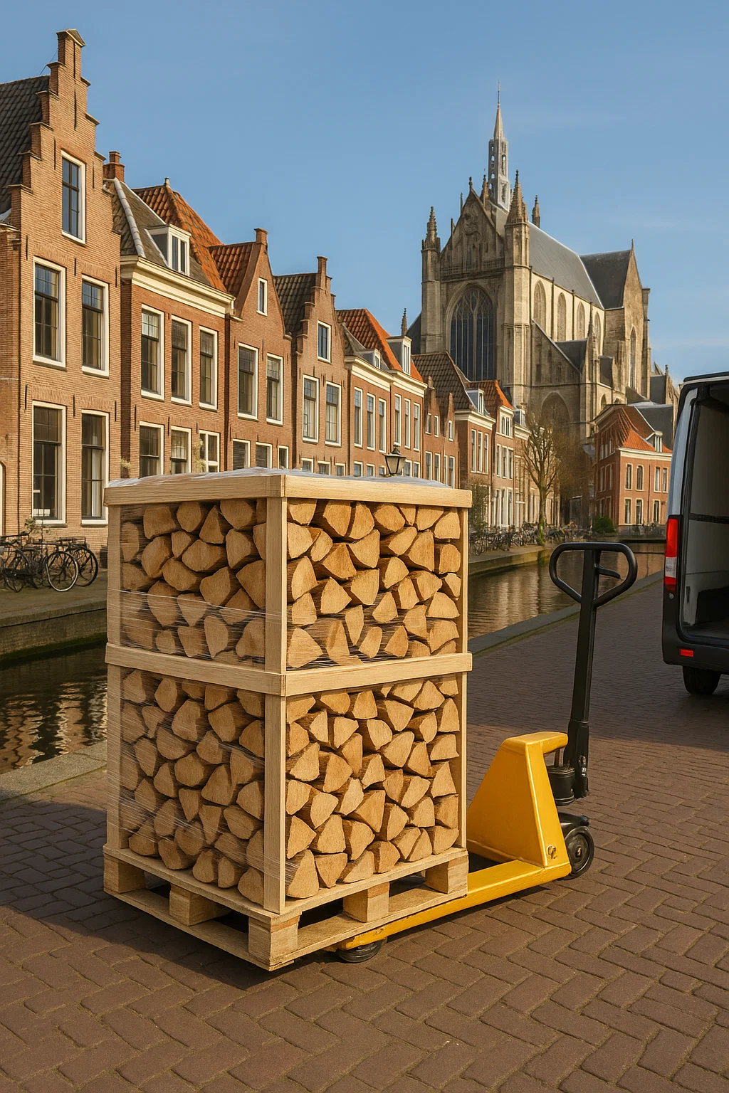 Pallet ovengedroogd haardhout geleverd met pompwagen aan een gracht in Leiden, met de Hooglandse Kerk op de achtergrond. Pallet ovengedroogd haardhout geleverd met pompwagen aan een gracht in Leiden, met de Hooglandse Kerk op de achtergrond.