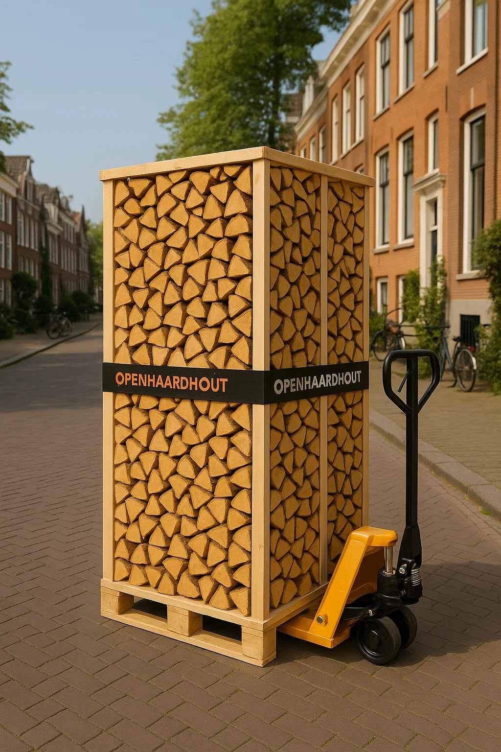 Pallet ovengedroogd haardhout op een pompwagen geleverd in een straat in Bloemendaal.