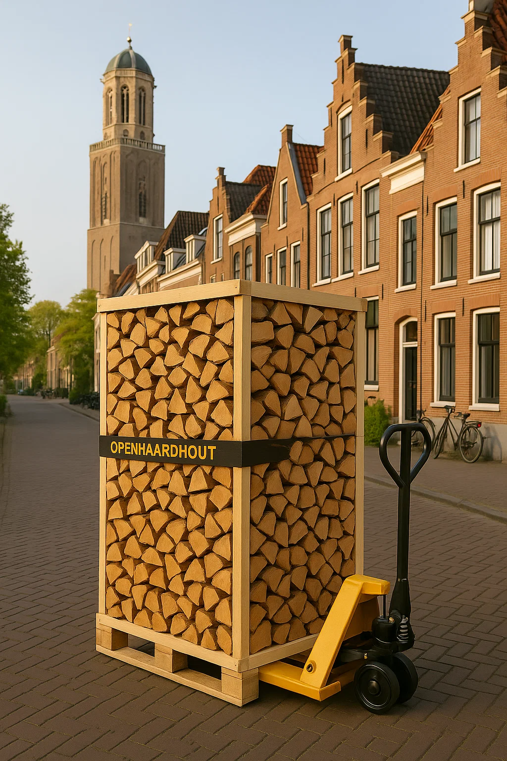 Pallet ovengedroogd haardhout geleverd met pompwagen in een historische straat in Enschede, met de Grote Kerk op de achtergrond. Pallet ovengedroogd haardhout geleverd met pompwagen in een historische straat in Enschede, met de Grote Kerk op de achtergrond.