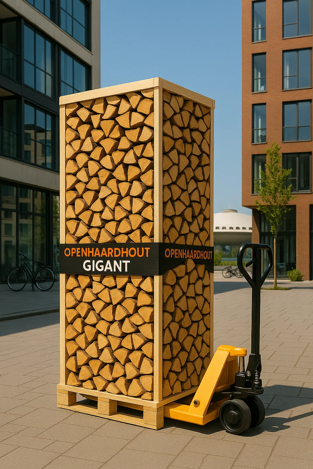 Pallet ovengedroogd haardhout geleverd met pompwagen in een moderne wijk in Eindhoven. Pallet ovengedroogd haardhout geleverd met pompwagen in een moderne wijk in Eindhoven.
