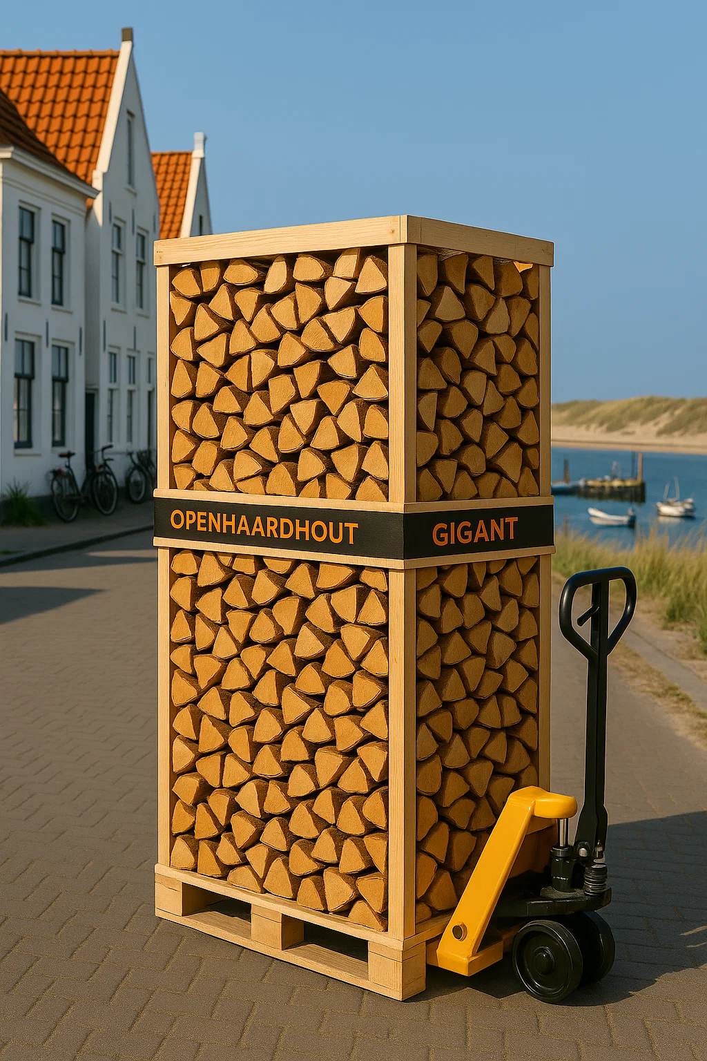 Pallet ovengedroogd haardhout geleverd met pompwagen in Zeeland, met uitzicht op de duinen en zee. Pallet ovengedroogd haardhout geleverd met pompwagen in Zeeland, met uitzicht op de duinen en zee.