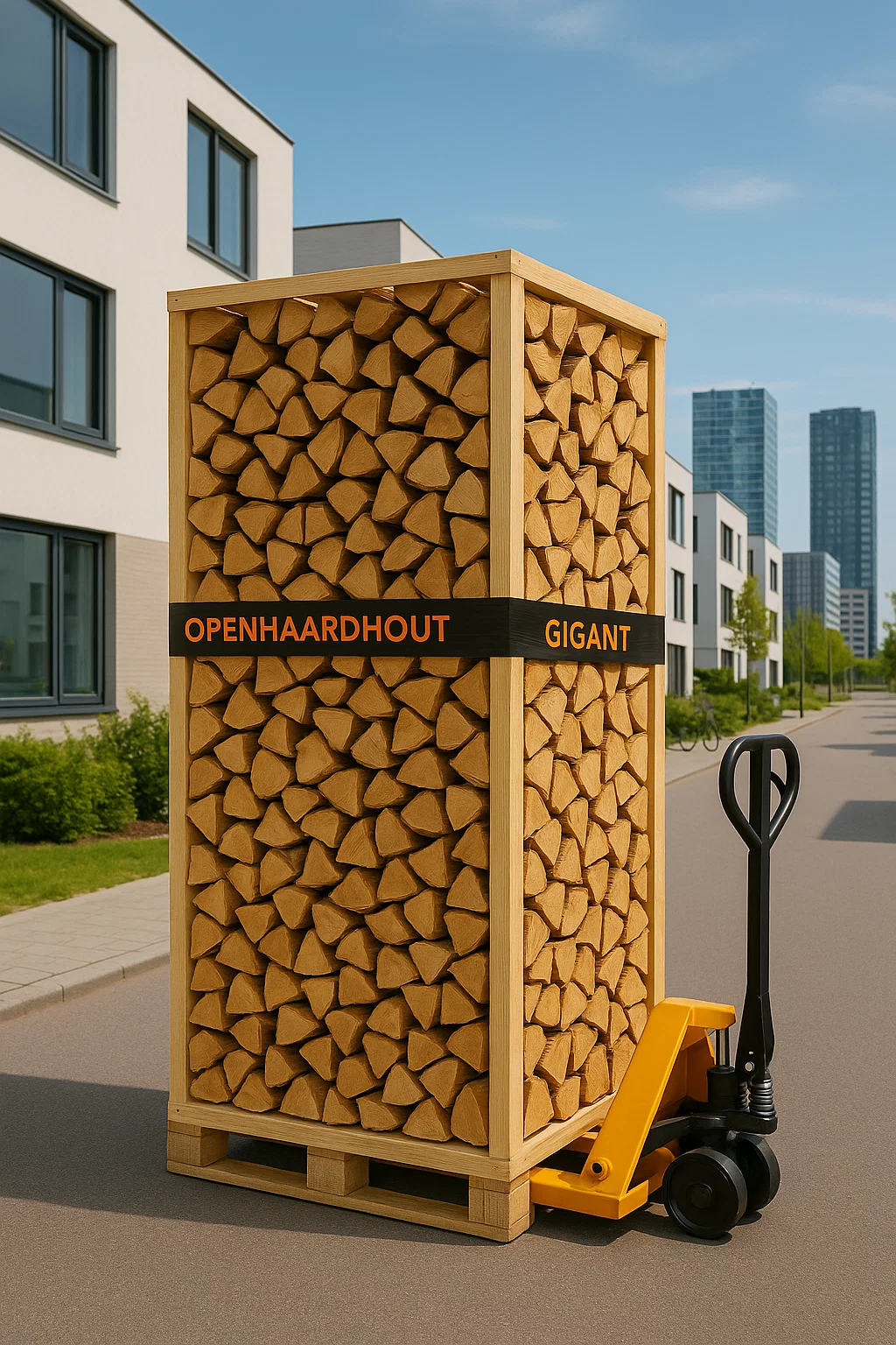 Pallet ovengedroogd haardhout geleverd met pompwagen in een moderne woonwijk van Almere, met hoge kantoorgebouwen op de achtergrond. Pallet ovengedroogd haardhout geleverd met pompwagen in een moderne woonwijk van Almere, met hoge kantoorgebouwen op de achtergrond.