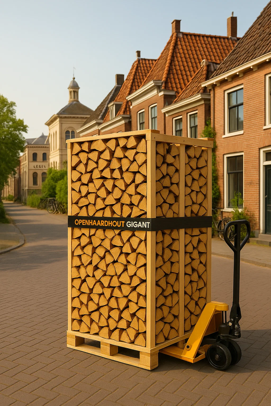 Pallet ovengedroogd haardhout geleverd met pompwagen in een historische straat in Assen, met karakteristieke panden op de achtergrond.