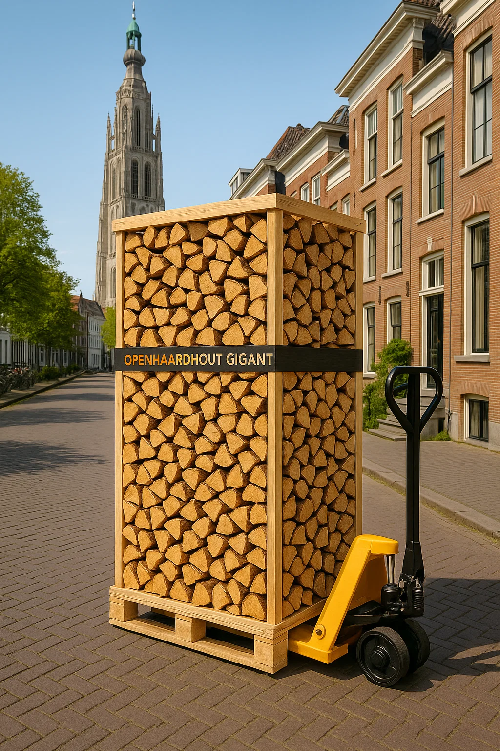 Pallet ovengedroogd haardhout geleverd met pompwagen in Breda, met de Grote Kerk op de achtergrond. Pallet ovengedroogd haardhout geleverd met pompwagen in Breda, met de Grote Kerk op de achtergrond.