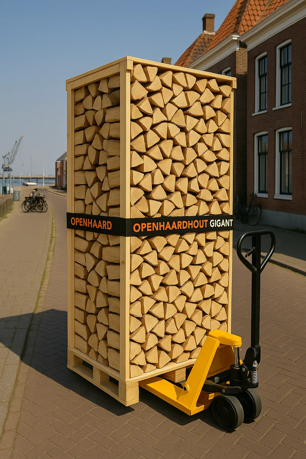 Pallet ovengedroogd haardhout geleverd met pompwagen in Delfzijl, langs de kade met historische panden en zicht op de haven Pallet ovengedroogd haardhout geleverd met pompwagen in Delfzijl, langs de kade met historische panden en zicht op de haven