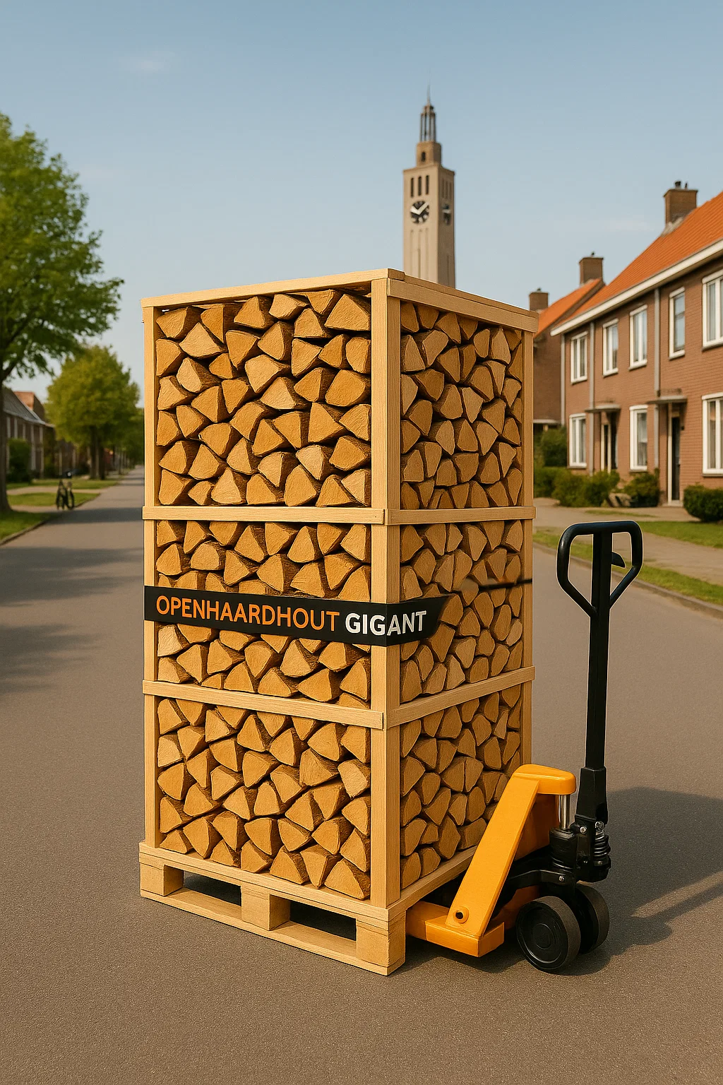 Pallet ovengedroogd haardhout geleverd met pompwagen in een woonwijk van Emmeloord, met de Poldertoren op de achtergrond. Pallet ovengedroogd haardhout geleverd met pompwagen in een woonwijk van Emmeloord, met de Poldertoren op de achtergrond.