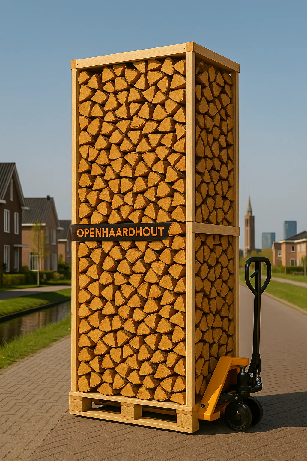 Pallet ovengedroogd haardhout op pompwagen geleverd in een woonwijk in Flevoland, met moderne huizen, watergangen en de skyline van Almere op de achtergrond. Pallet ovengedroogd haardhout op pompwagen geleverd in een woonwijk in Flevoland, met moderne huizen, watergangen en de skyline van Almere op de achtergrond.