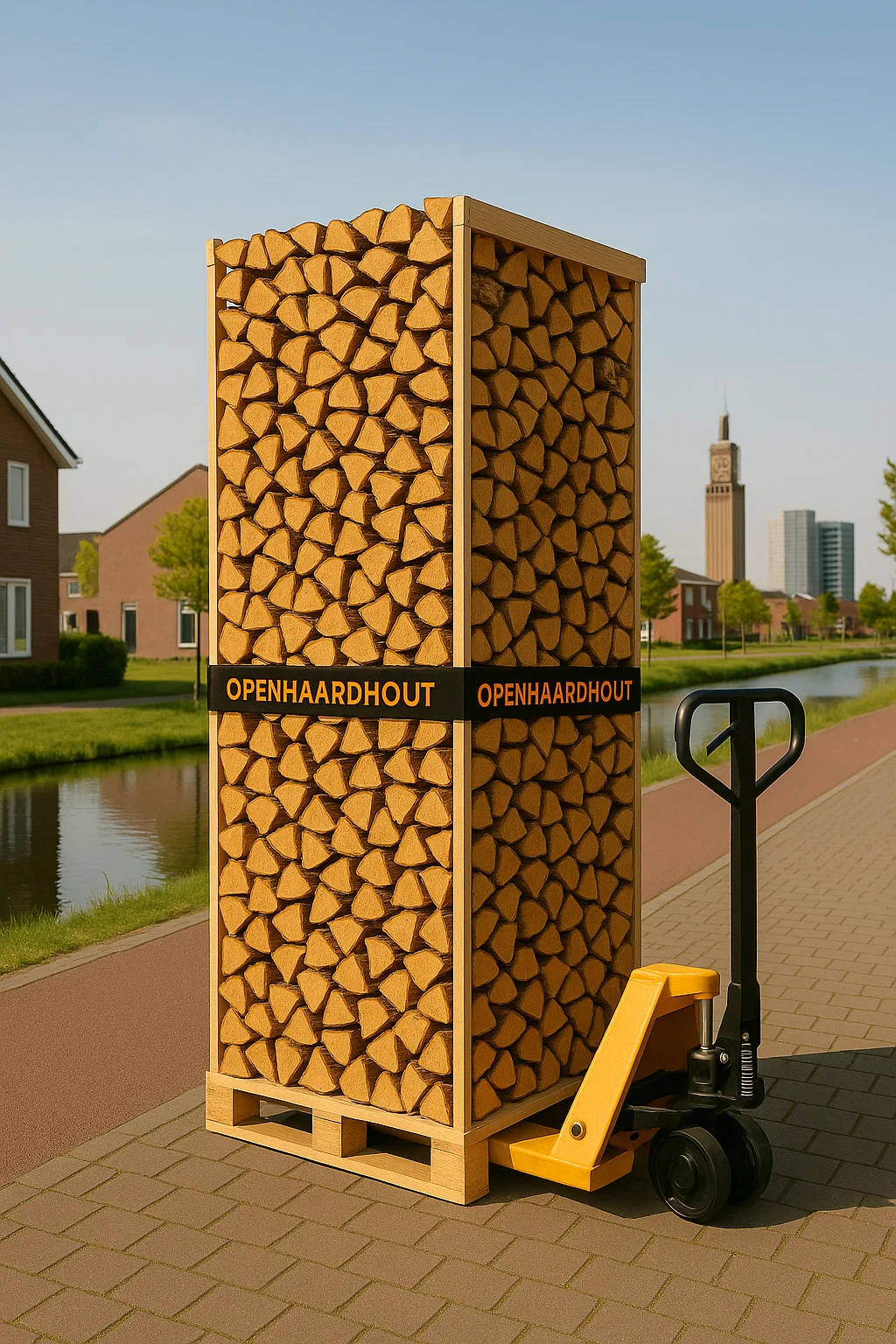 Pallet ovengedroogd haardhout op pompwagen geleverd in Flevoland, langs een woonwijk met watergang en de Poldertoren van Emmeloord op de achtergrond.