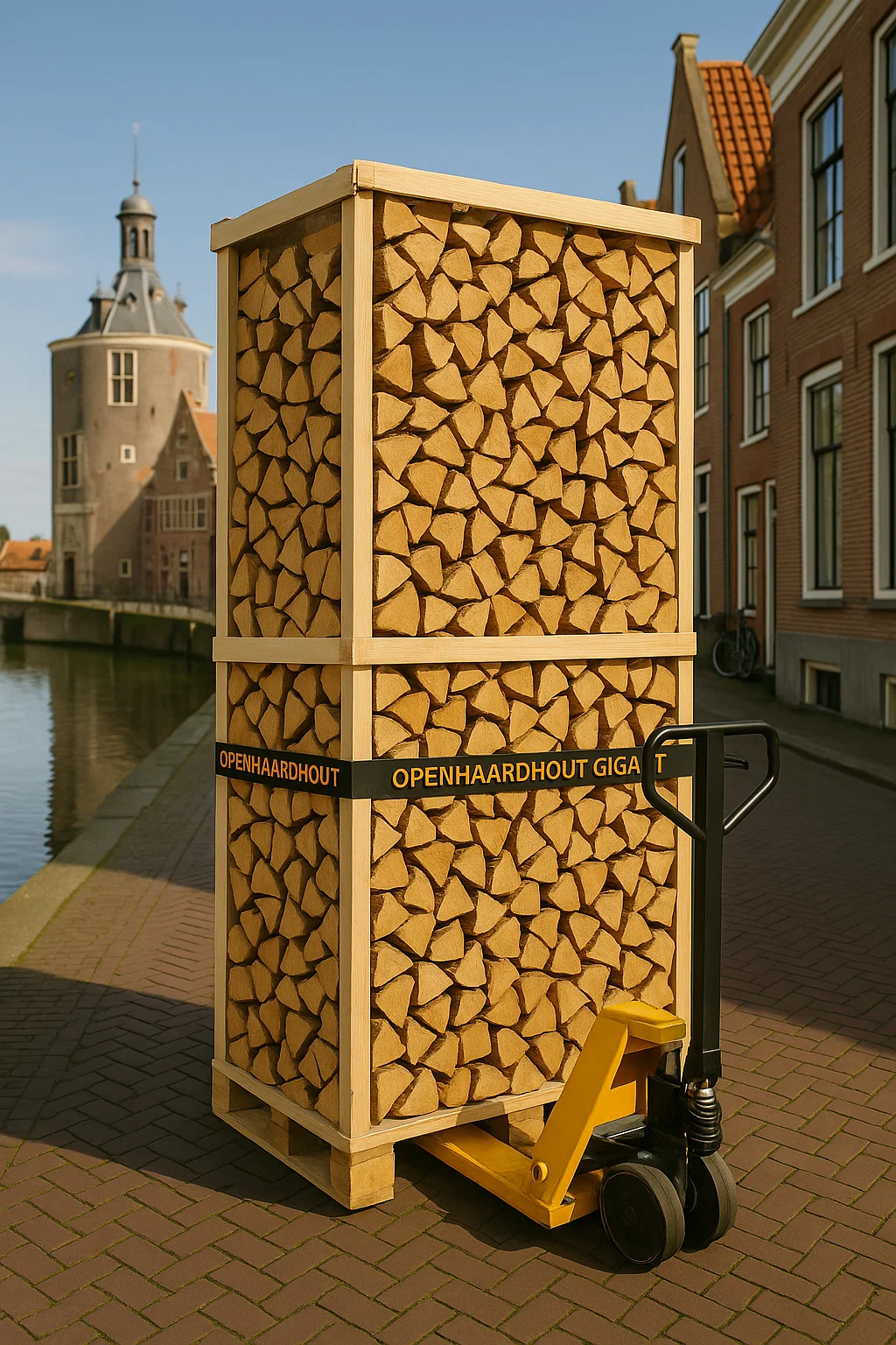 Pallet ovengedroogd haardhout op pompwagen geleverd in Enkhuizen, langs de gracht met de historische Drommedaris als herkenningspunt. Pallet ovengedroogd haardhout op pompwagen geleverd in Enkhuizen, langs de gracht met de historische Drommedaris als herkenningspunt.