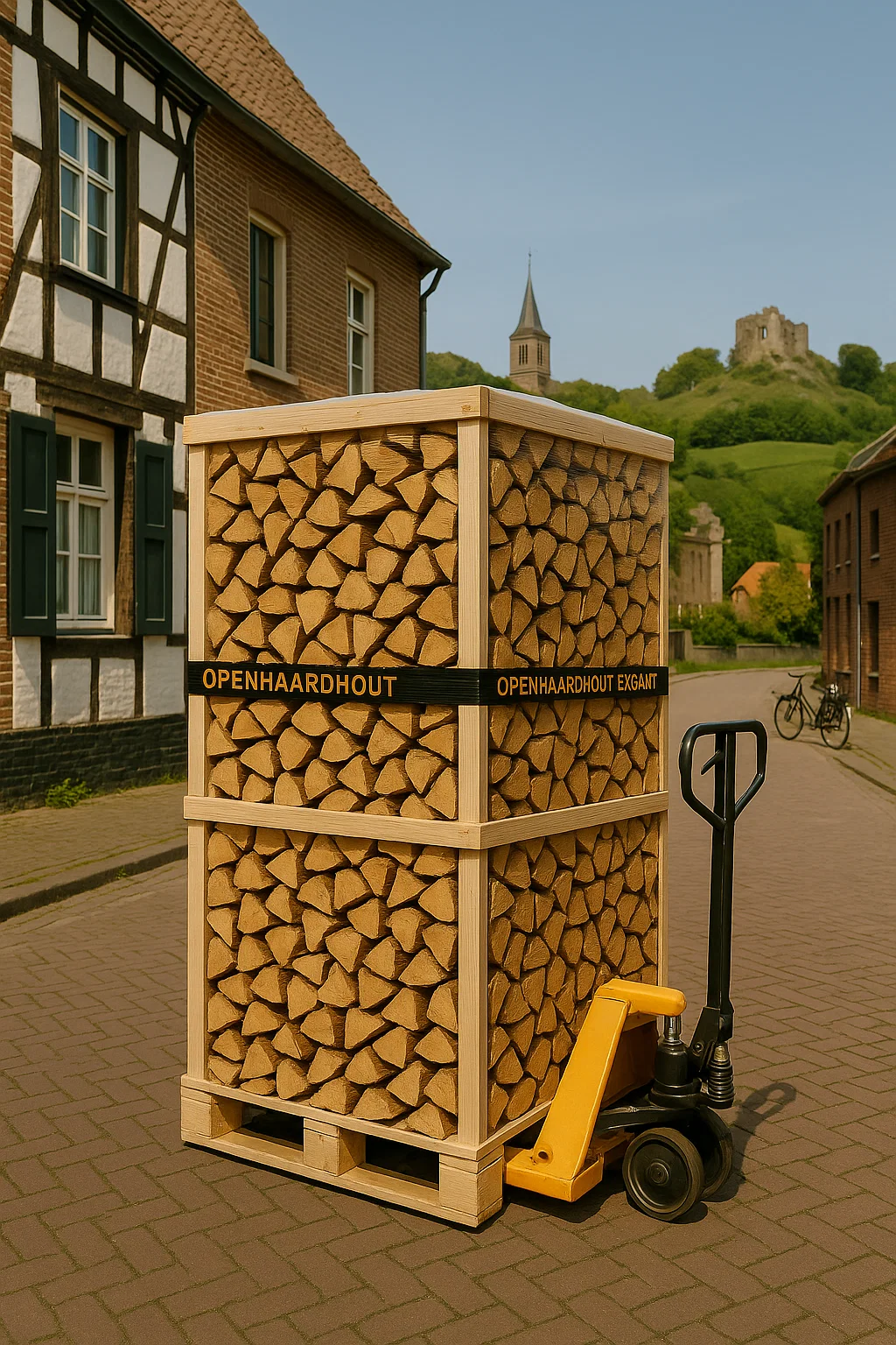 Pallet ovengedroogd haardhout op palletwagen geleverd in een straat in Ede, met uitzicht op de Veluwe en een kerk in de verte