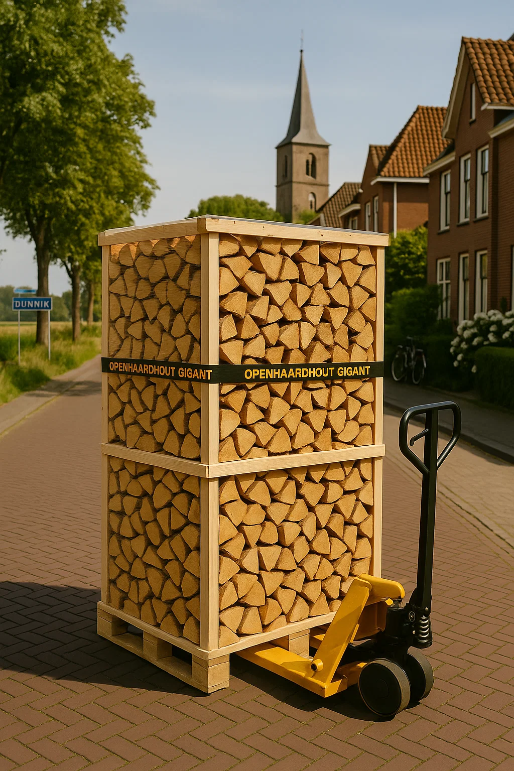 Pallet met ovengedroogd haardhout op een palletwagen in Bunnik, met de kerktoren en het plaatsnaambord van Bunnik zichtbaar op de achtergrond. Pallet met ovengedroogd haardhout op een palletwagen in Bunnik, met de kerktoren en het plaatsnaambord van Bunnik zichtbaar op de achtergrond.