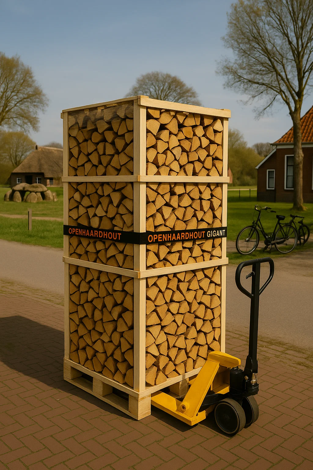 Pallet met ovengedroogd haardhout op een gele palletwagen in een Drents dorp, met traditionele boerderijen, fietspaden en bomen op de achtergrond.