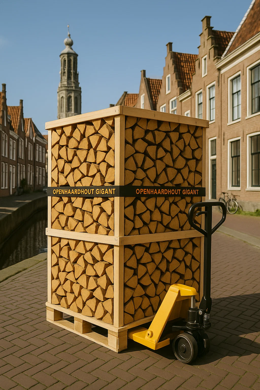 en pallet met ovengedroogd haardhout op een gele palletwagen in een straat van Middelburg, met de karakteristieke Abdijtoren Lange Jan en historische gevels op de achtergrond.