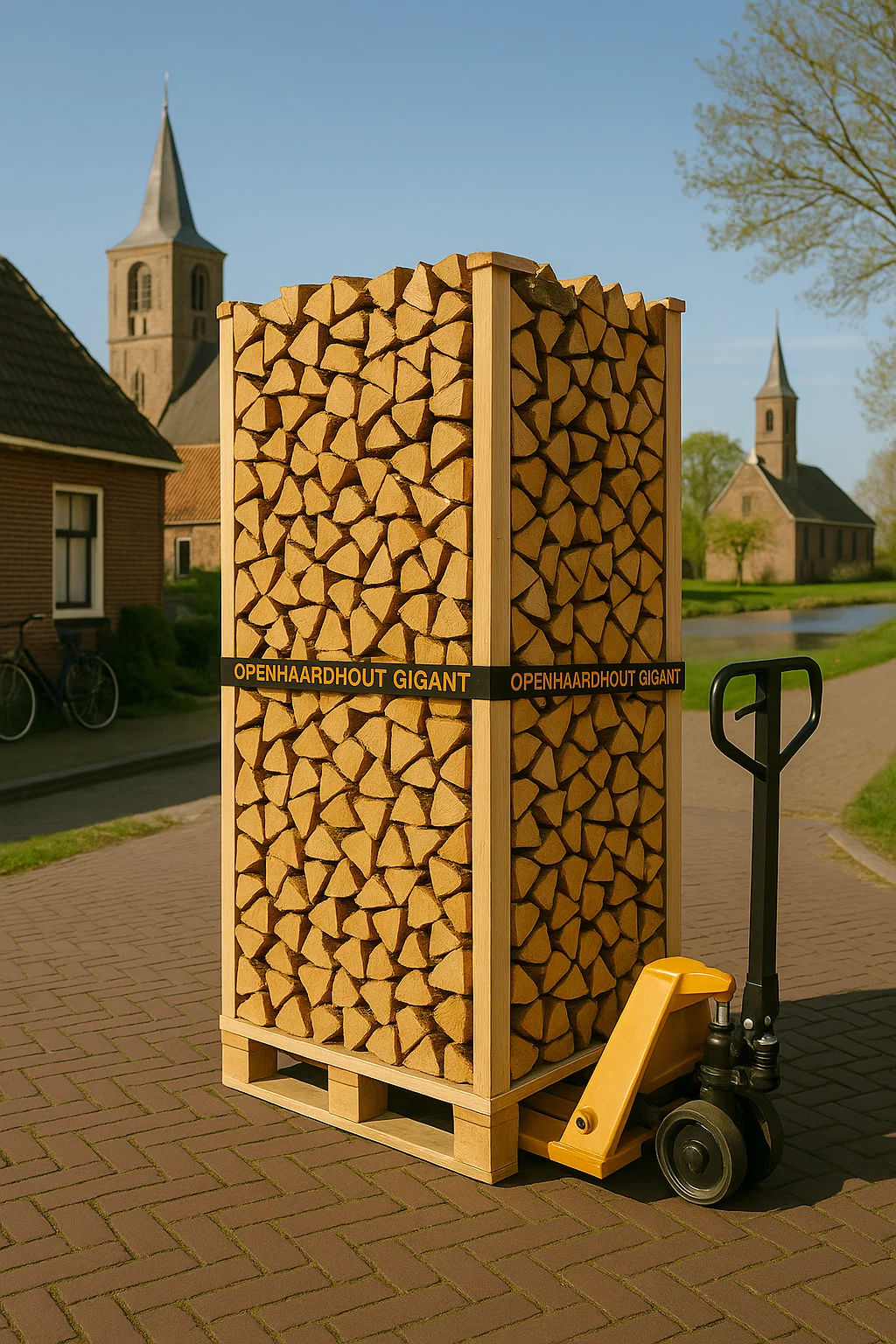 Een pallet ovengedroogd haardhout van Openhaardhout Gigant op een palletwagen, geplaatst in een straat in Overijssel met kerktorens en grachten op de achtergrond.