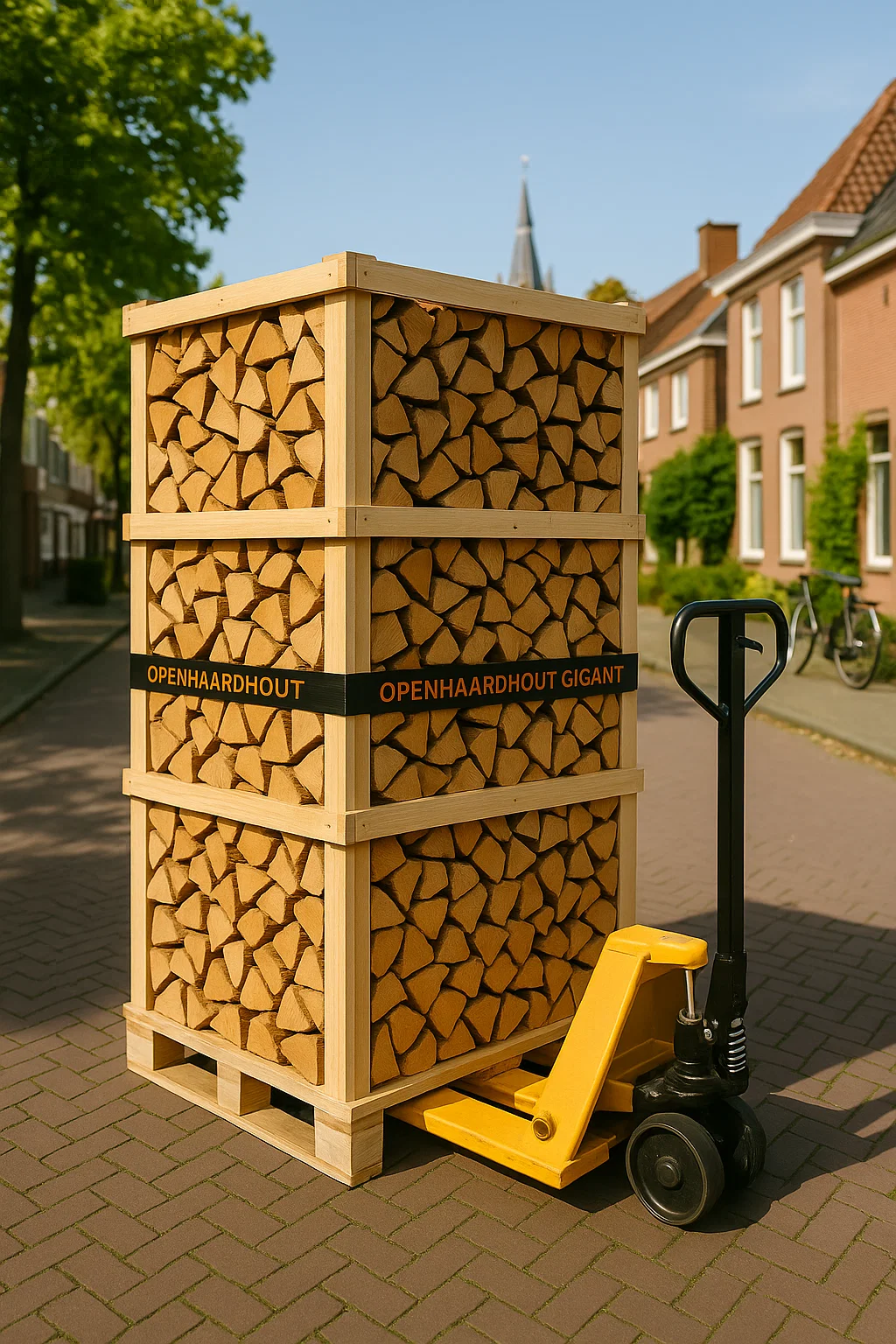 Pallet met ovengedroogd haardhout van Openhaardhout Gigant op een gele pompwagen in een straat in Roosendaal, met kerktoren zichtbaar op de achtergrond.