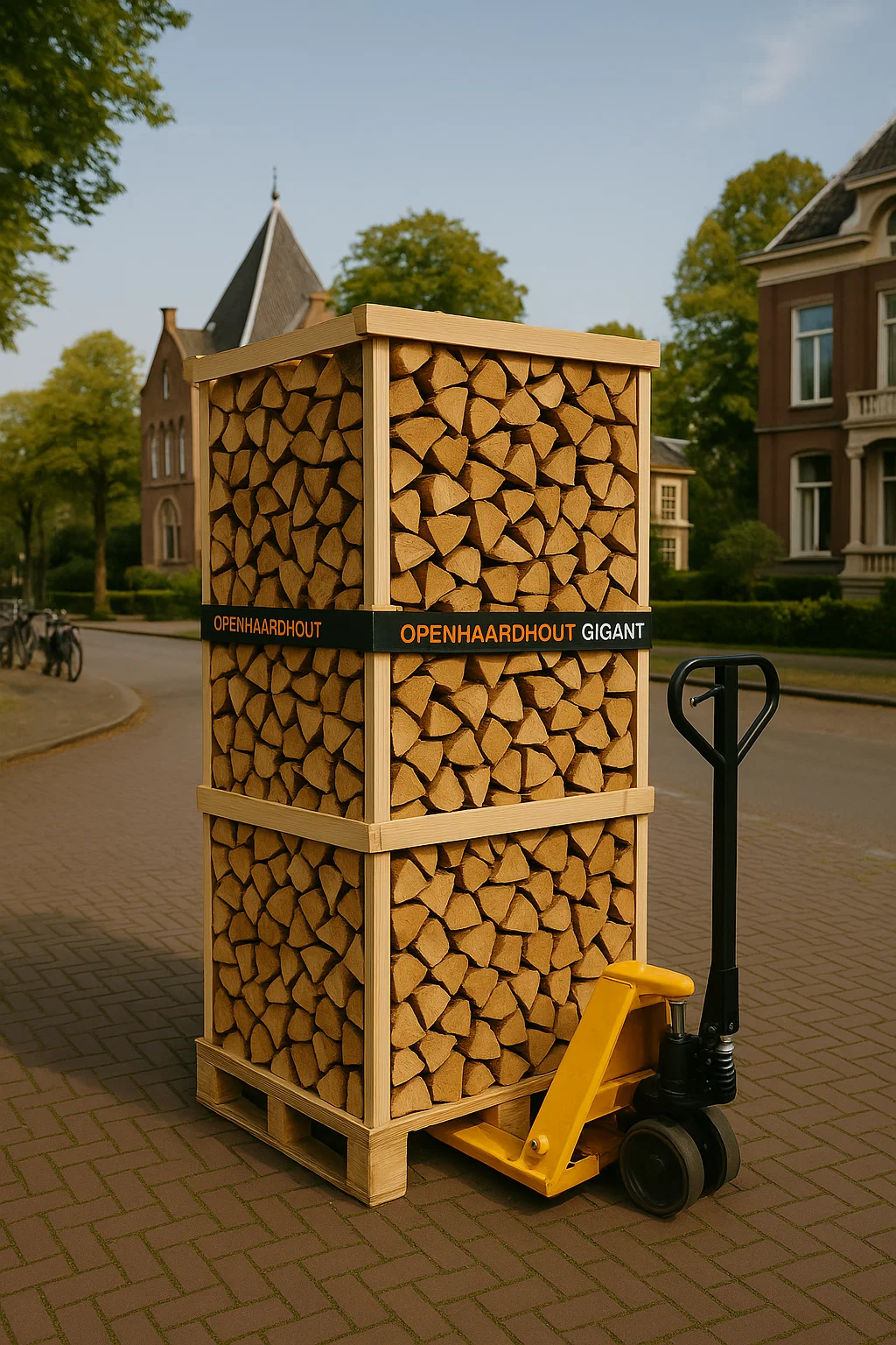 Pallet ovengedroogd haardhout op palletwagen in een straat in Zeist, geleverd door Openhaardhout Gigant.