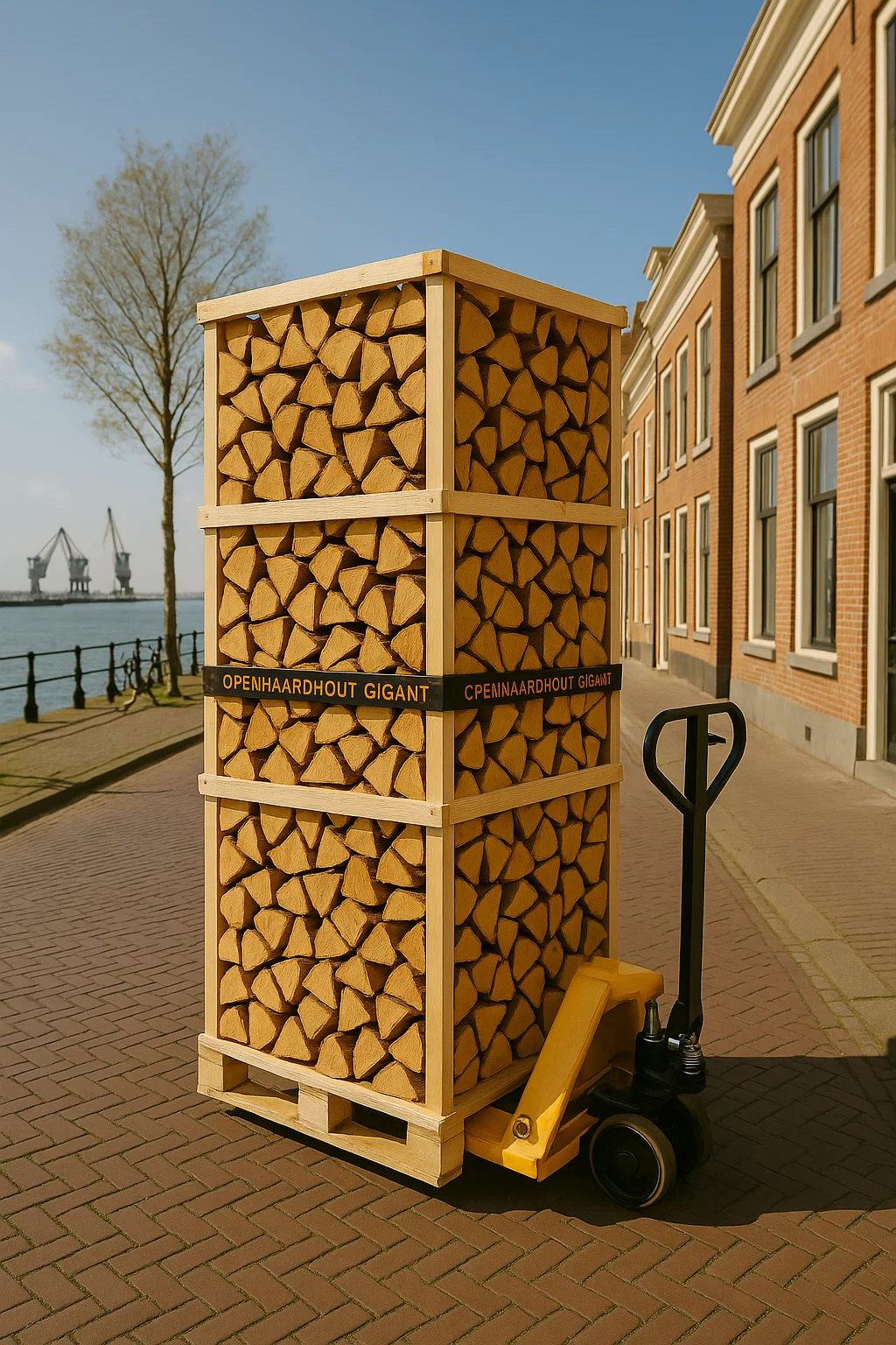Pallet ovengedroogd haardhout op een pompwagen in de straten van Terneuzen, met uitzicht op de haven en karakteristieke Zeeuwse gebouwen. Pallet ovengedroogd haardhout op een pompwagen in de straten van Terneuzen, met uitzicht op de haven en karakteristieke Zeeuwse gebouwen.
