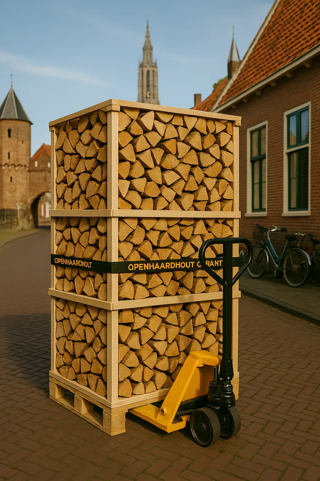 Pallet ovengedroogd haardhout op een pompwagen in het historische centrum van Amersfoort, met de Onze Lieve Vrouwetoren op de achtergrond.