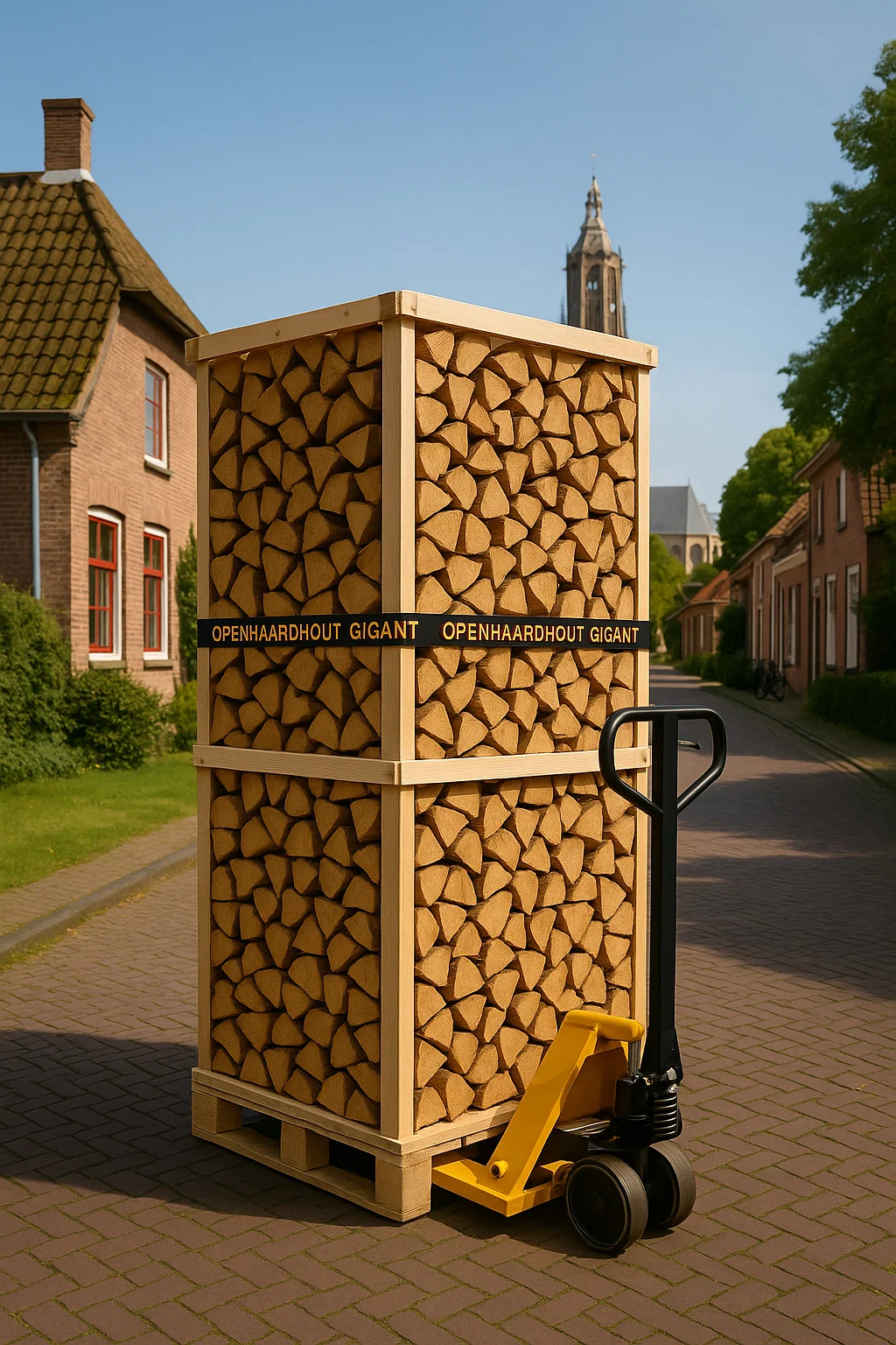 Pallet met ovengedroogd haardhout op een palletwagen in een straat in Gelderland, met kerktoren en karakteristieke huizen op de achtergrond. Pallet met ovengedroogd haardhout op een palletwagen in een straat in Gelderland, met kerktoren en karakteristieke huizen op de achtergrond.