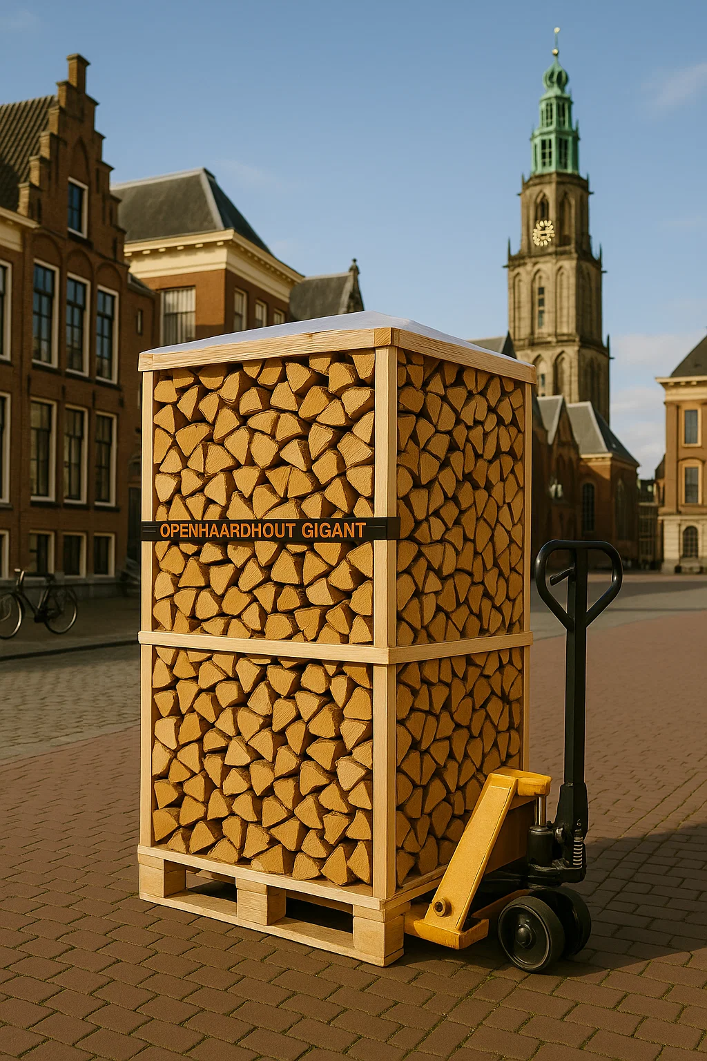 Pallet ovengedroogd haardhout op palletwagen in Groningen met de Martinitoren op de achtergrond.