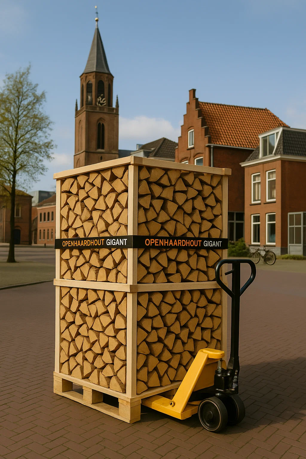 Een pallet met strak gestapeld ovengedroogd haardhout van Openhaardhout Gigant op een gele pompwagen, geplaatst in een straat in Enschede met een kerktoren en karakteristieke gebouwen op de achtergrond.
