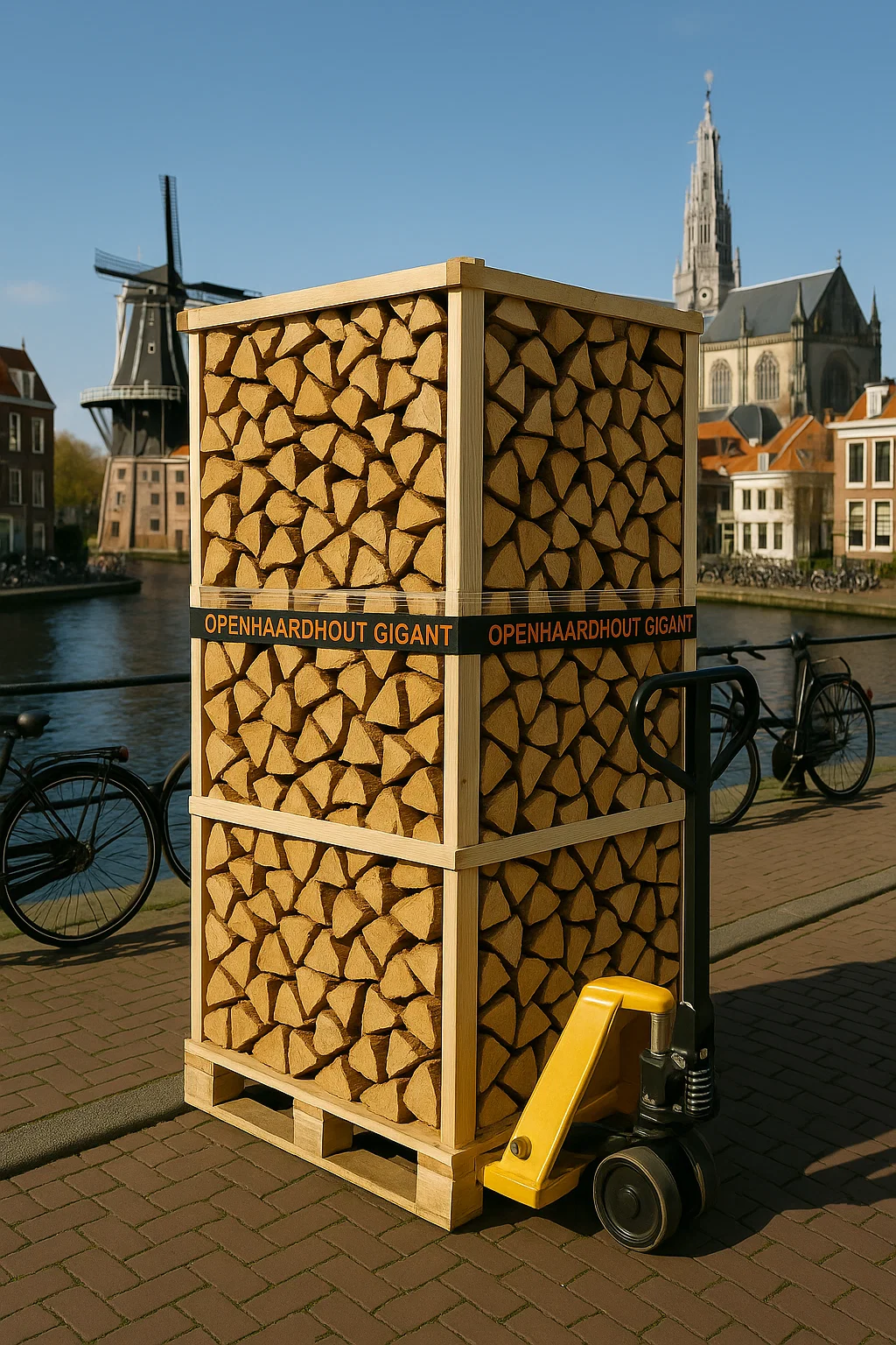 Pallet ovengedroogd haardhout van Openhaardhout Gigant op een palletwagen in Haarlem, met de molen De Adriaan en de Grote of Sint-Bavokerk op de achtergrond.