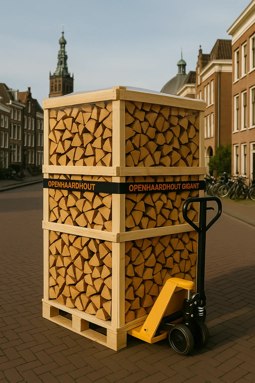 Pallet met ovengedroogd haardhout van Openhaardhout Gigant op een gele palletwagen, geplaatst in een straat in Nijmegen met de kerktoren en historische gebouwen zichtbaar op de achtergrond.