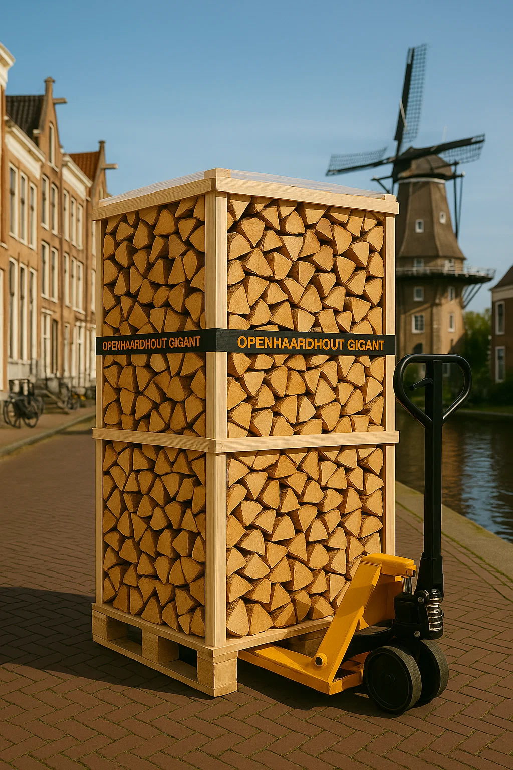 Pallet ovengedroogd haardhout van Openhaardhout Gigant met windmolen en grachtenpandjes in Noord-Holland.