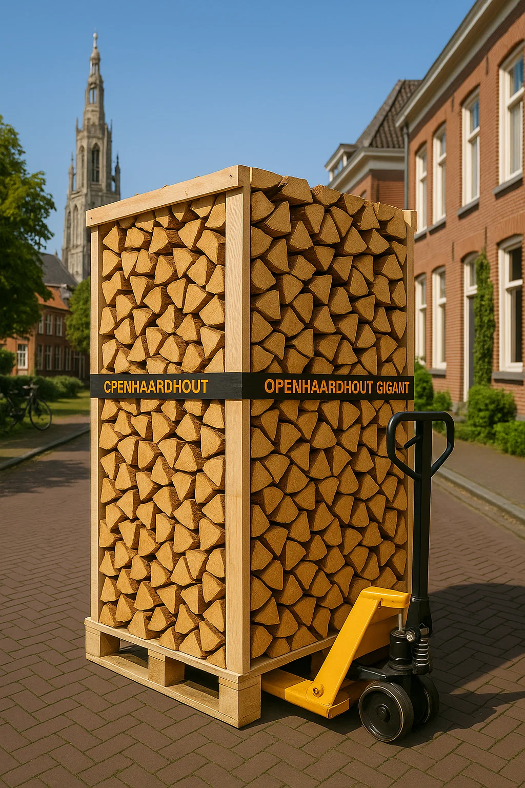 Grote pallet ovengedroogd haardhout van Openhaardhout Gigant op een pompwagen, geleverd in een straat met de Grote Kerk van Breda op de achtergrond.